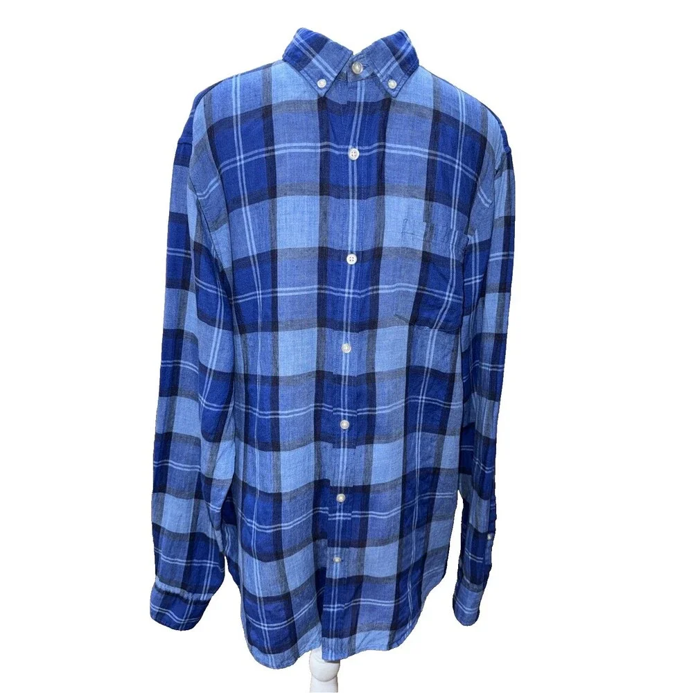 Banana Republic 100% Linen Shirt Blue Plaid Button Down Camden Fit Mens Size L